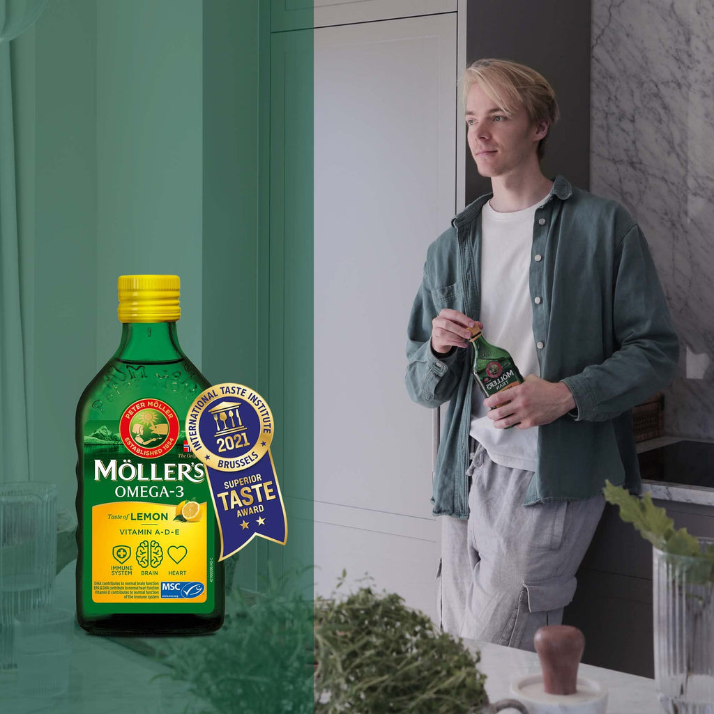Moller's Omega 3 Cod Liver Oil - EPA DHA Vitamin A D E - Lemon 250ml Dietary Supplement - New - BBE 05/2026