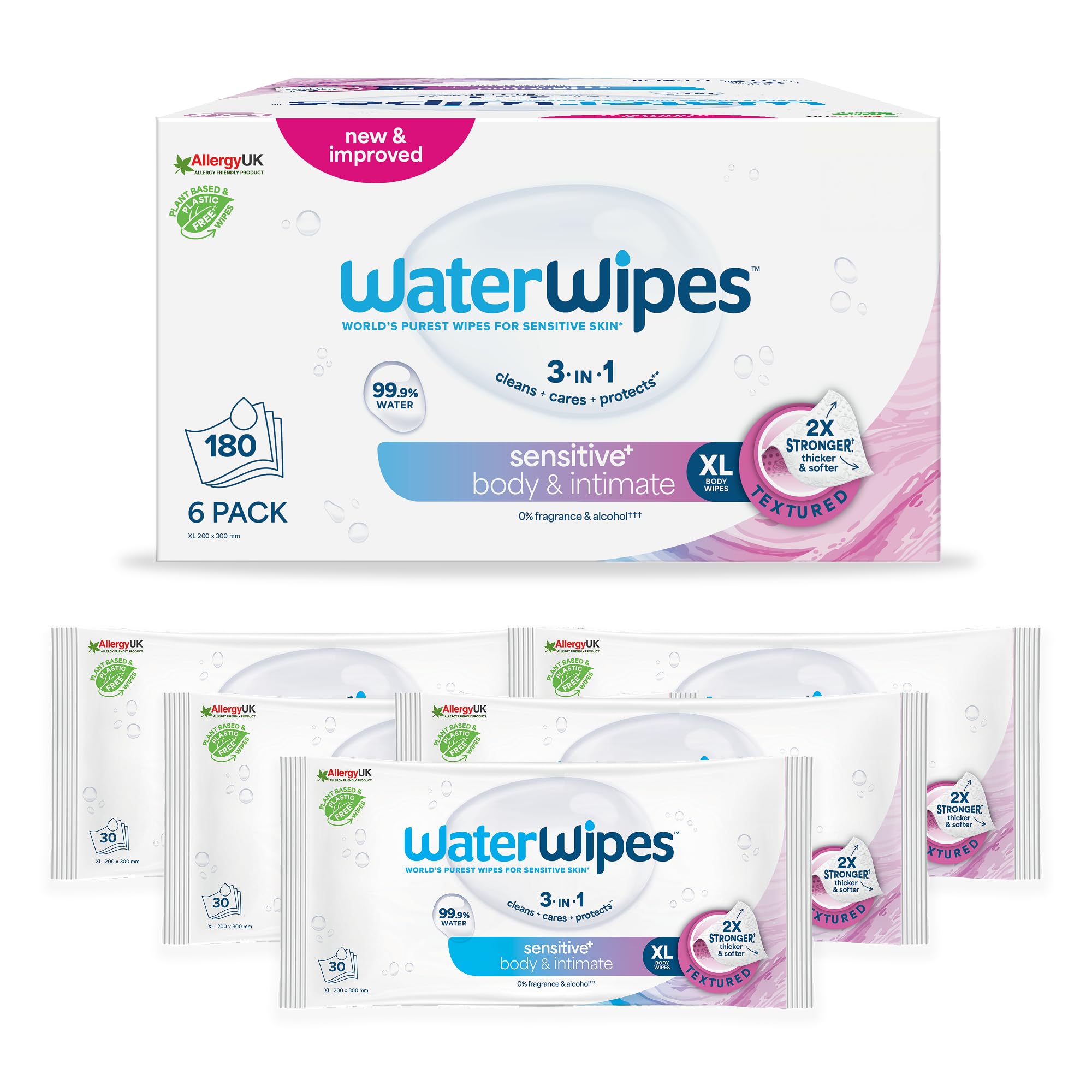 WaterWipes Sensitive+ Body & Intimate Cleansing Wipes, 99.9% Purified Water, XL Textured Wipes, Incontinence Care, Fragrance Free, 180 Count - New