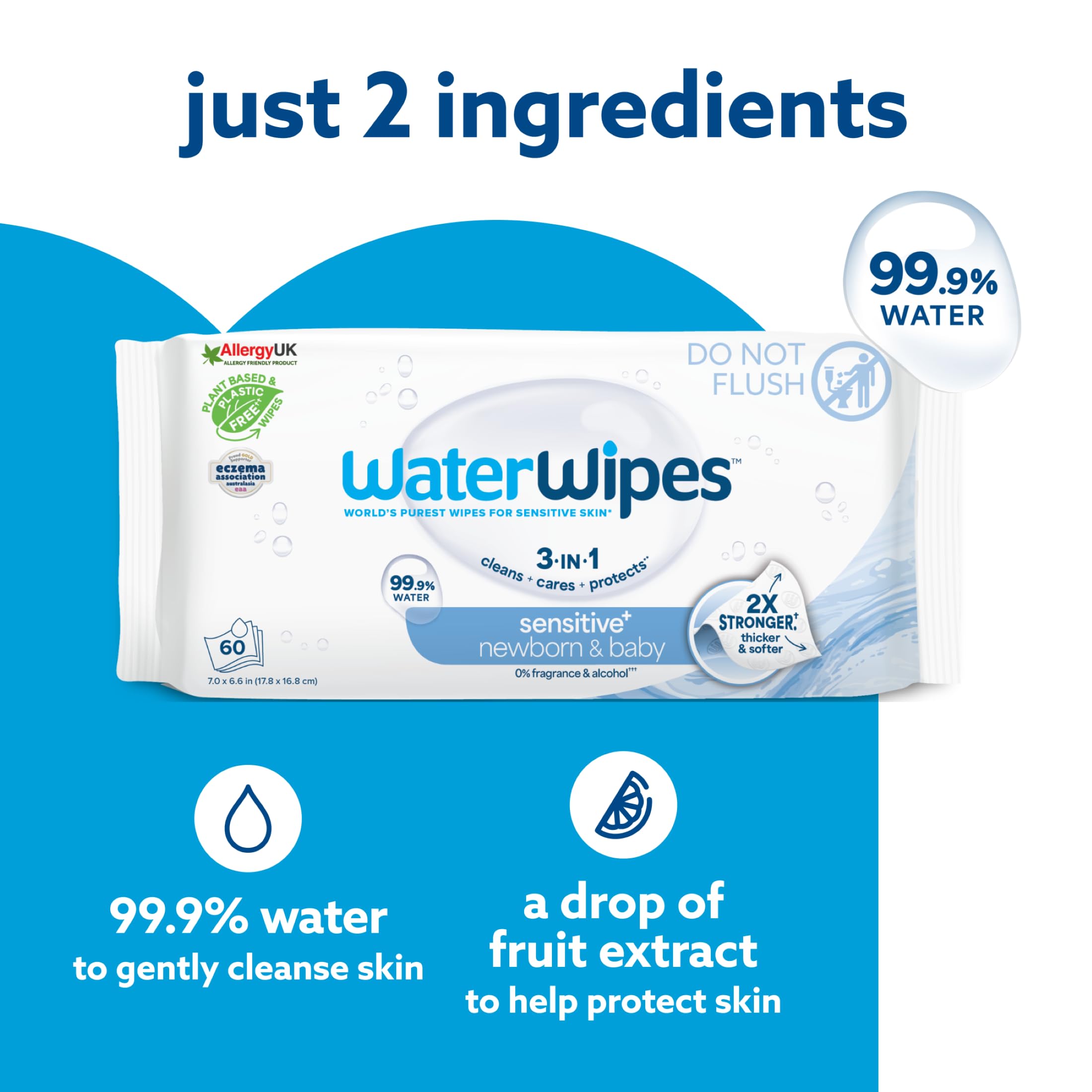 WaterWipes Sensitive+ Newborn & Baby Wipes, 99.9% Water, Unscented, 6 Pack