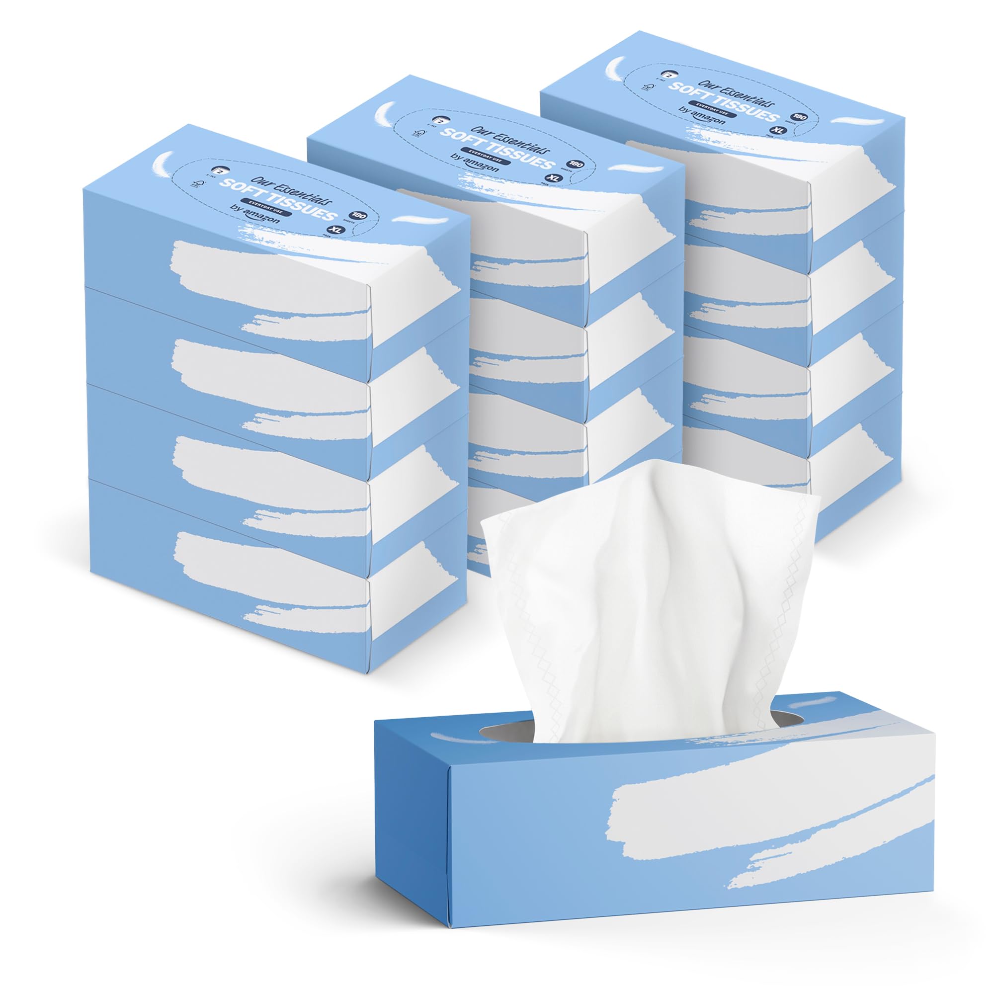 Amazon Facial  Tissues 2-Ply, 180 Sheets - 12 Pack Soft White Hypoallergenic Bulk Tissue Box - New