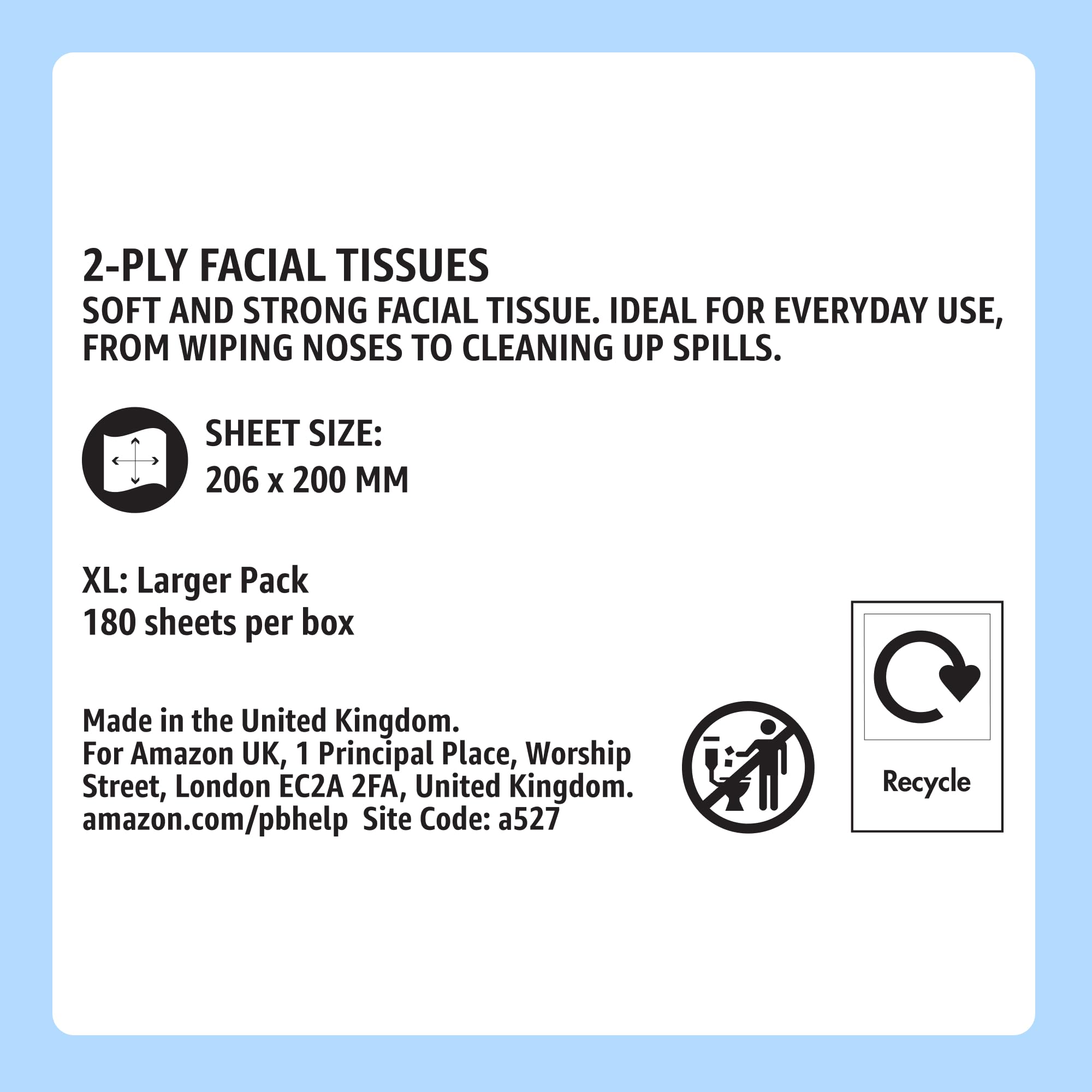 Amazon Facial  Tissues 2-Ply, 180 Sheets - 12 Pack Soft White Hypoallergenic Bulk Tissue Box - New