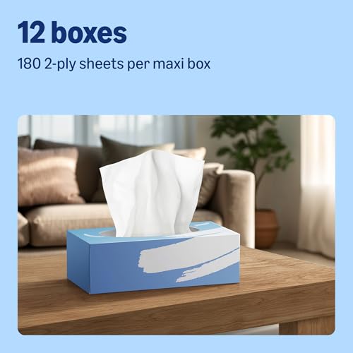 Amazon Facial  Tissues 2-Ply, 180 Sheets - 12 Pack Soft White Hypoallergenic Bulk Tissue Box - New