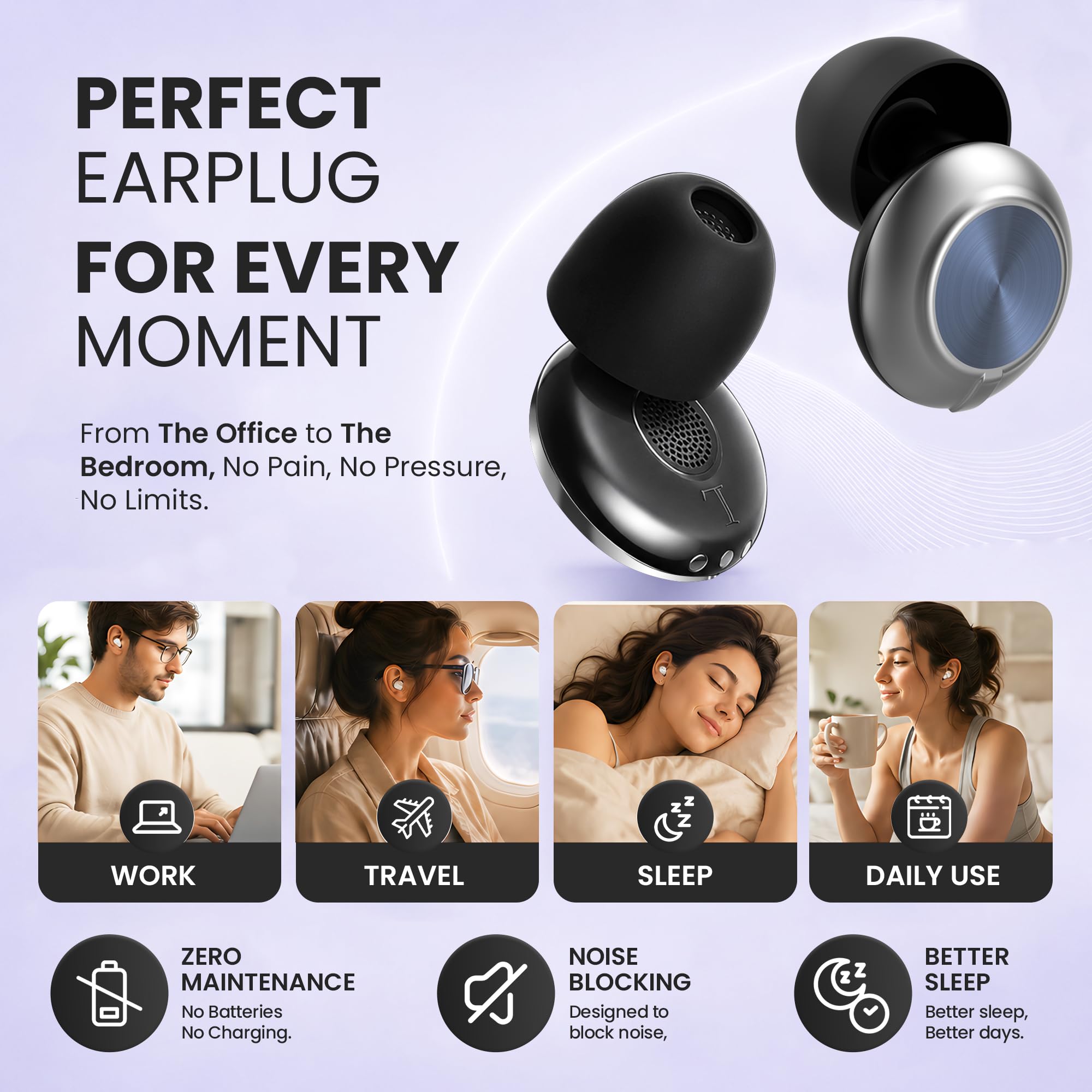 Adjustable Ear Plugs for Sleep - Reusable Silicone Earplugs with 3 Noise Reduction Modes 21-28dB SNR - Ultra-Soft for Snoring, Travel, Work - Damaged Box