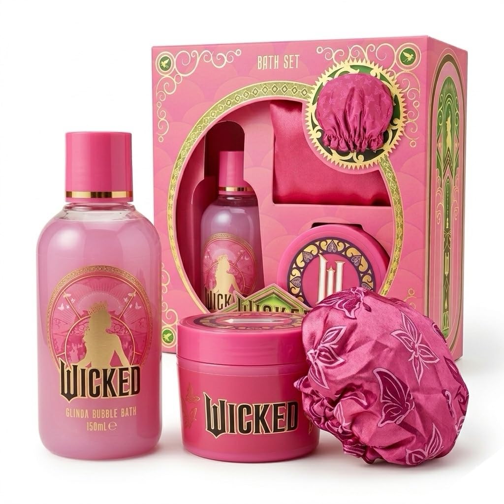 Wicked Glinda Bath Gift Set - Pink Bubble Bath, Body Butter, Shower Cap - Official Merchandise - New