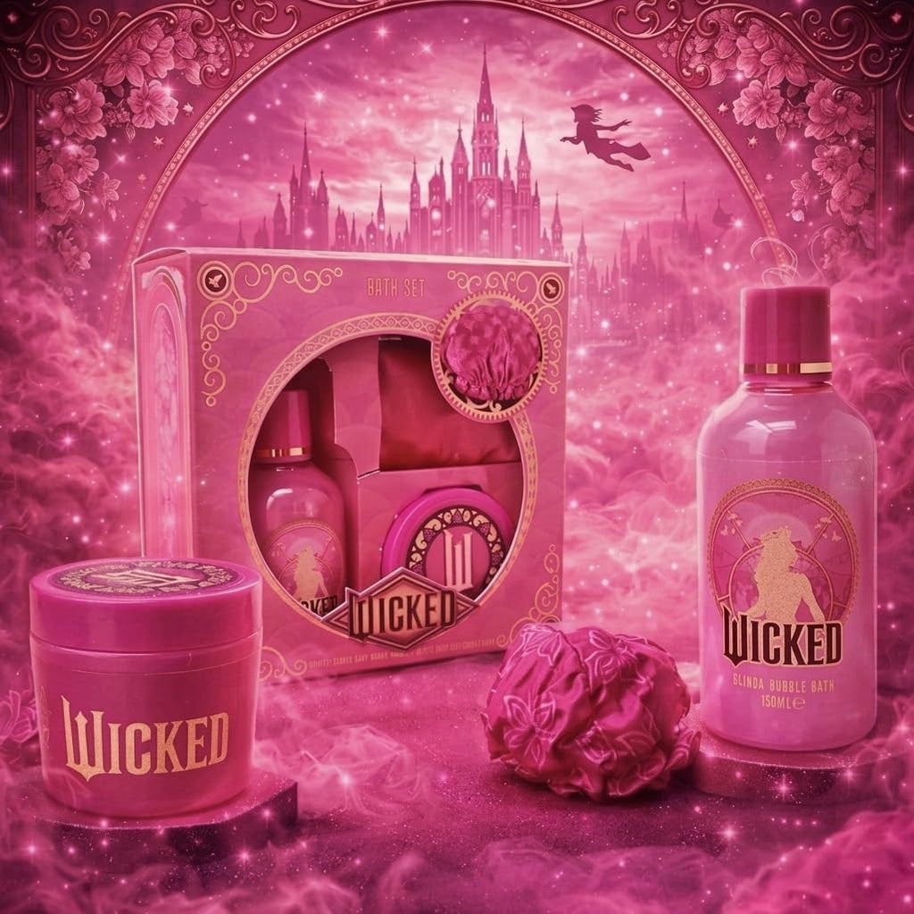 Wicked Glinda Bath Gift Set - Pink Bubble Bath, Body Butter, Shower Cap - Official Merchandise - New