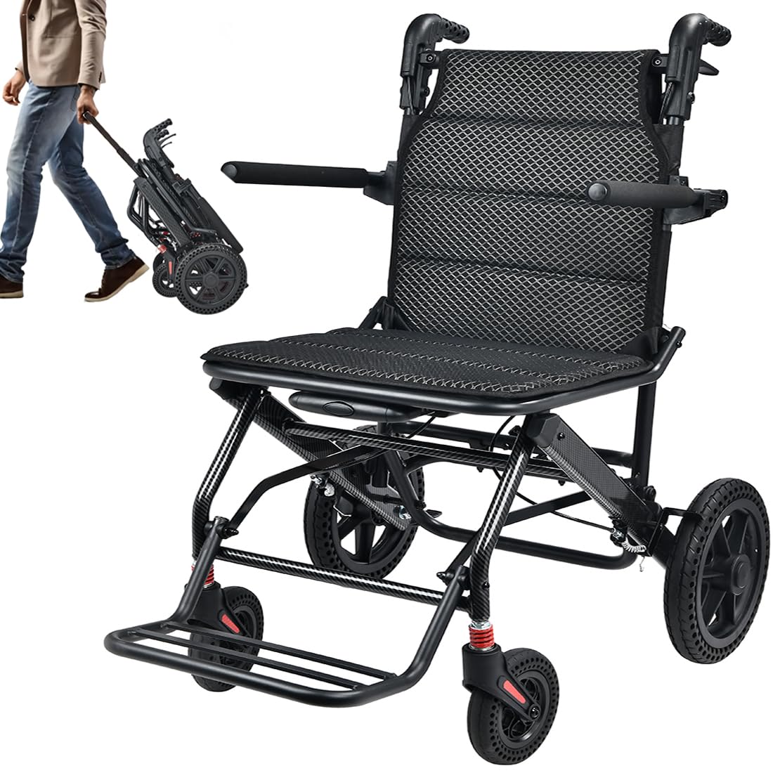 KCareU Portable Foldable Wheelchair with Pull Rod - 18" Seat - Lightweight Travel - Aluminium Alloy Frame - New