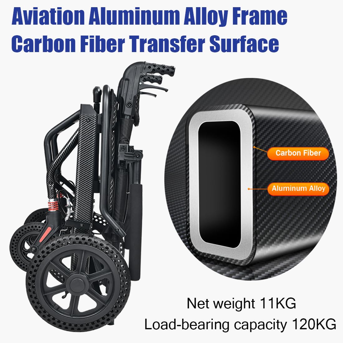 KCareU Portable Foldable Wheelchair with Pull Rod - 18" Seat - Lightweight Travel - Aluminium Alloy Frame - New