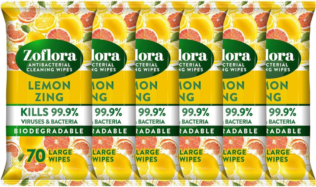 Zoflora Lemon Zing Large Biodegradable Wipes - 6 x 70 Pack - Antibacterial Multi-Surface Disinfectant Cleaner - Kills 99.9% Bacteria - Damaged Box