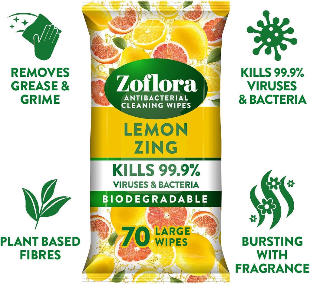 Zoflora Lemon Zing Large Biodegradable Wipes - 6 x 70 Pack - Antibacterial Multi-Surface Disinfectant Cleaner - Kills 99.9% Bacteria - Damaged Box
