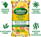 Zoflora Lemon Zing Large Biodegradable Wipes - 6 x 70 Pack - Antibacterial Multi-Surface Disinfectant Cleaner - Kills 99.9% Bacteria - Damaged Box