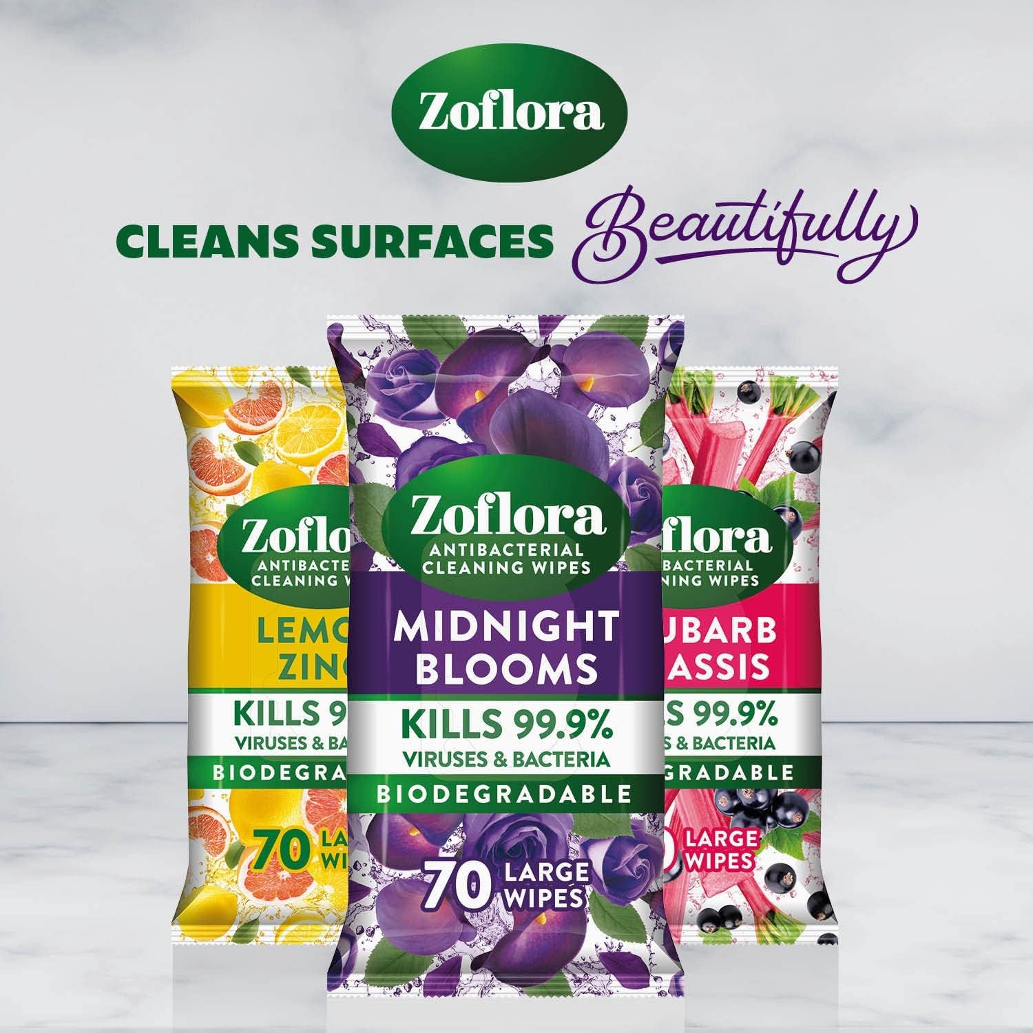 Zoflora Lemon Zing Large Biodegradable Wipes - 6 x 70 Pack - Antibacterial Multi-Surface Disinfectant Cleaner - Kills 99.9% Bacteria - Damaged Box