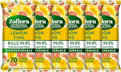 Zoflora Lemon Zing Large Biodegradable Wipes - 6 x 70 Pack - Antibacterial Multi-Surface Disinfectant Cleaner - Kills 99.9% Bacteria - Damaged Box