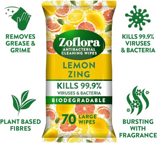 Zoflora Lemon Zing Large Biodegradable Wipes - 6 x 70 Pack - Antibacterial Multi-Surface Disinfectant Cleaner - Kills 99.9% Bacteria - Damaged Box