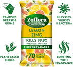 Zoflora Lemon Zing Large Biodegradable Wipes - 6 x 70 Pack - Antibacterial Multi-Surface Disinfectant Cleaner - Kills 99.9% Bacteria - Damaged Box