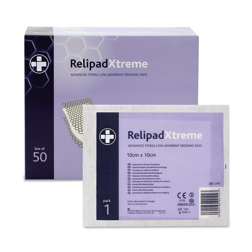 Reliance Medical Relipad Xtreme Low Adherent Dressing Pads 10x10cm - Sterile, Absorbent, Box of 50 - New