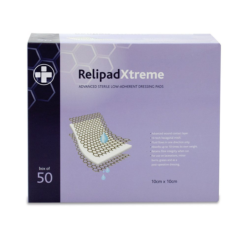 Reliance Medical Relipad Xtreme Low Adherent Dressing Pads 10x10cm - Sterile, Absorbent, Box of 50 - New