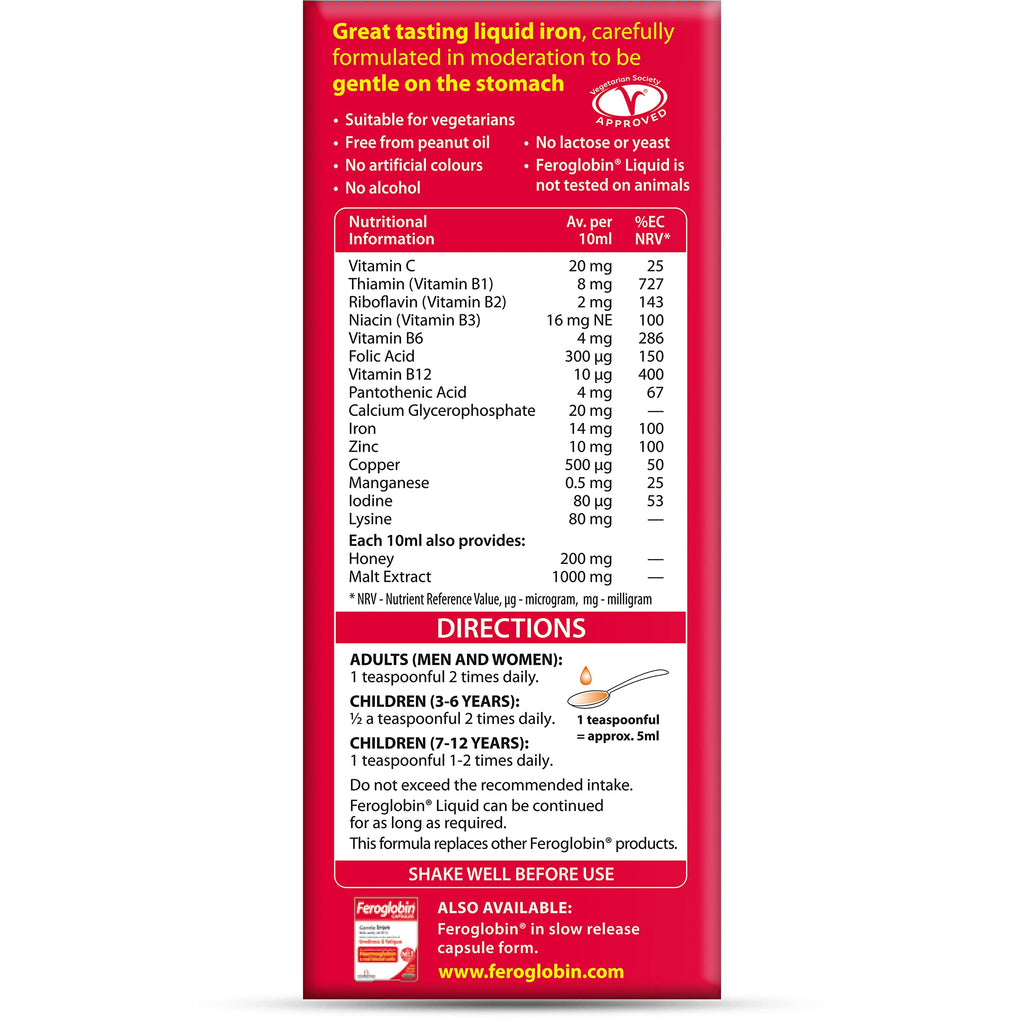 Feroglobin Gentle Iron and Nutrient Liquid, Reduce Tiredness & Fatigue Maintain Health, 500 ml - Damaged Box - BBE 09/2027
