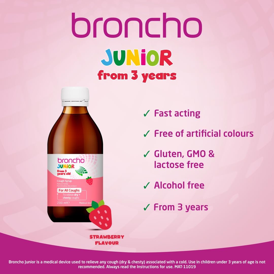 Bronchostop Junior Cough Syrup (200ml - 3 to 11 Years) - Cough Medicine For Children - Non Drowsy Cough Syrup for Kids - For Throat Mucus & Relief from Dry & Chesty Coughs - Alcohol Free - New - BBE 02/2027