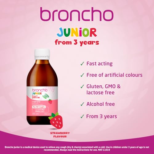 Bronchostop Junior Cough Syrup (200ml - 3 to 11 Years) - Cough Medicine For Children - Non Drowsy Cough Syrup for Kids - For Throat Mucus & Relief from Dry & Chesty Coughs - Alcohol Free - New - BBE 02/2027