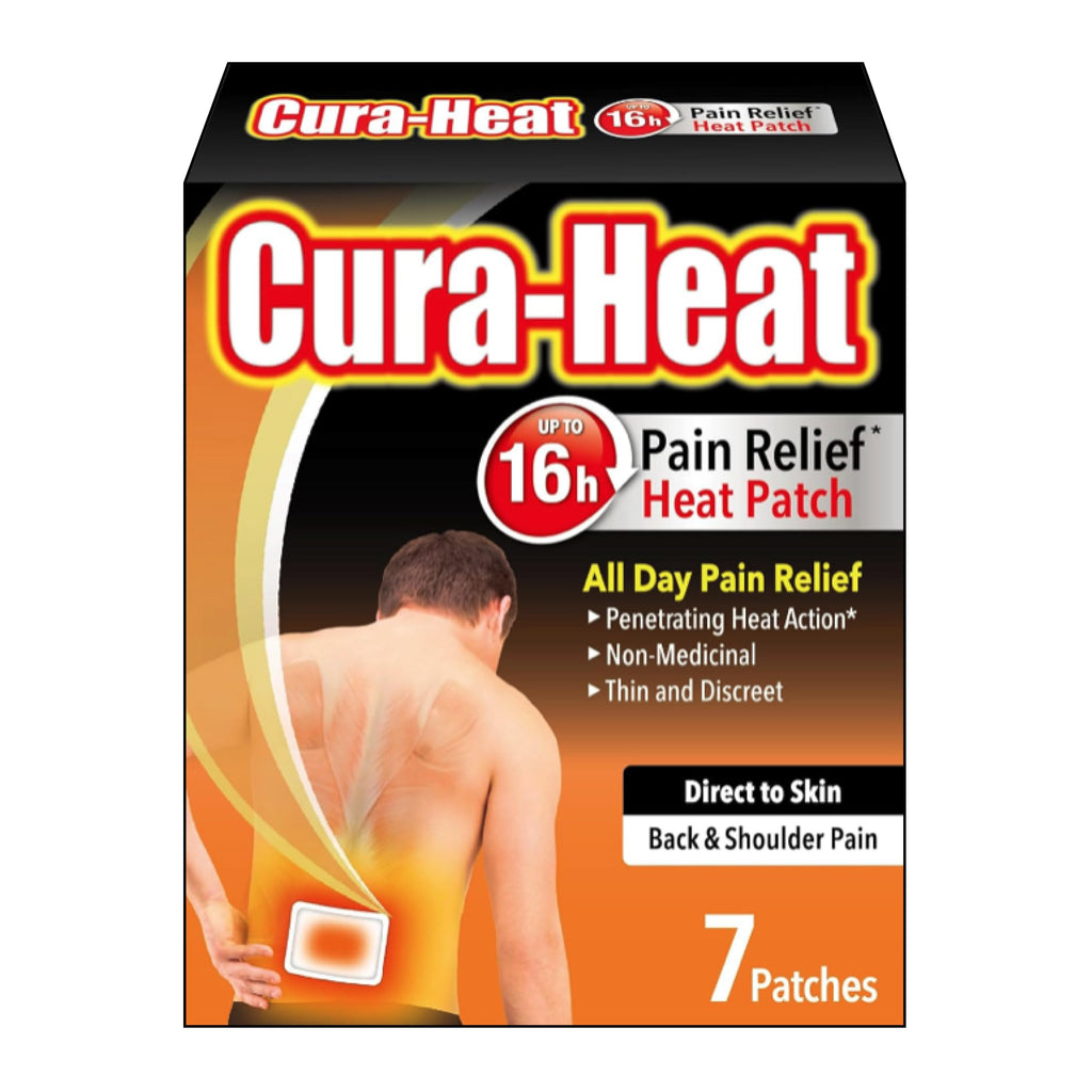 Cura-Heat Back & Shoulder Pain Relief Heat Patch Direct-to-Skin - 7 Patches - Damaged Box - BBE 09/2028