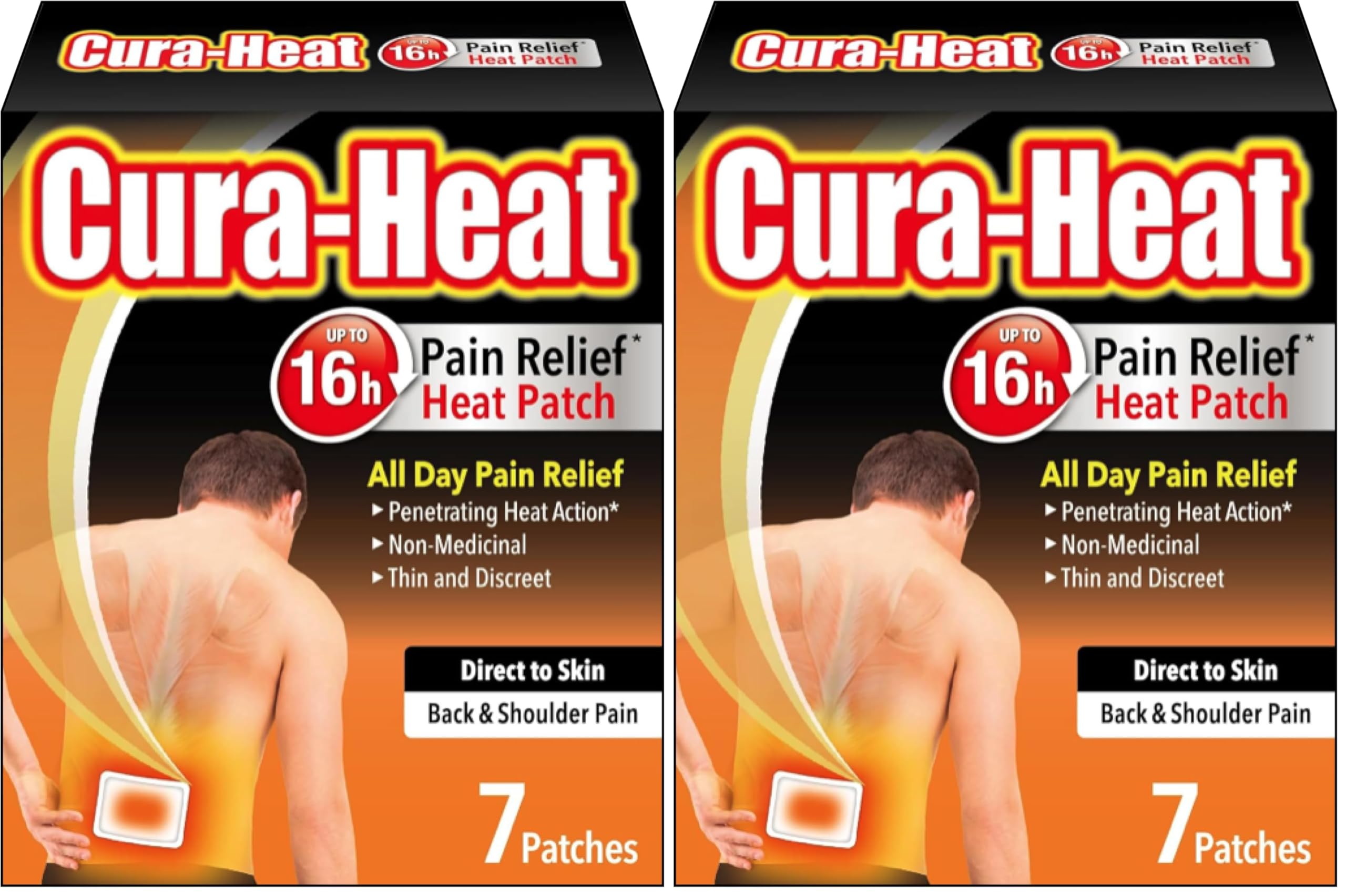 Cura-Heat Back & Shoulder Pain Relief Heat Patch Direct-to-Skin - 7 Patches - Damaged Box - BBE 09/2028