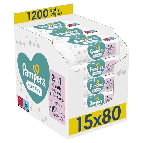 Pampers Sensitive Baby Wipes 15 Packs of 80 Wipes = 1200 Baby Wet Wipes, Unscented, for Soft and Gentle Clean - New - BBE 08/2028