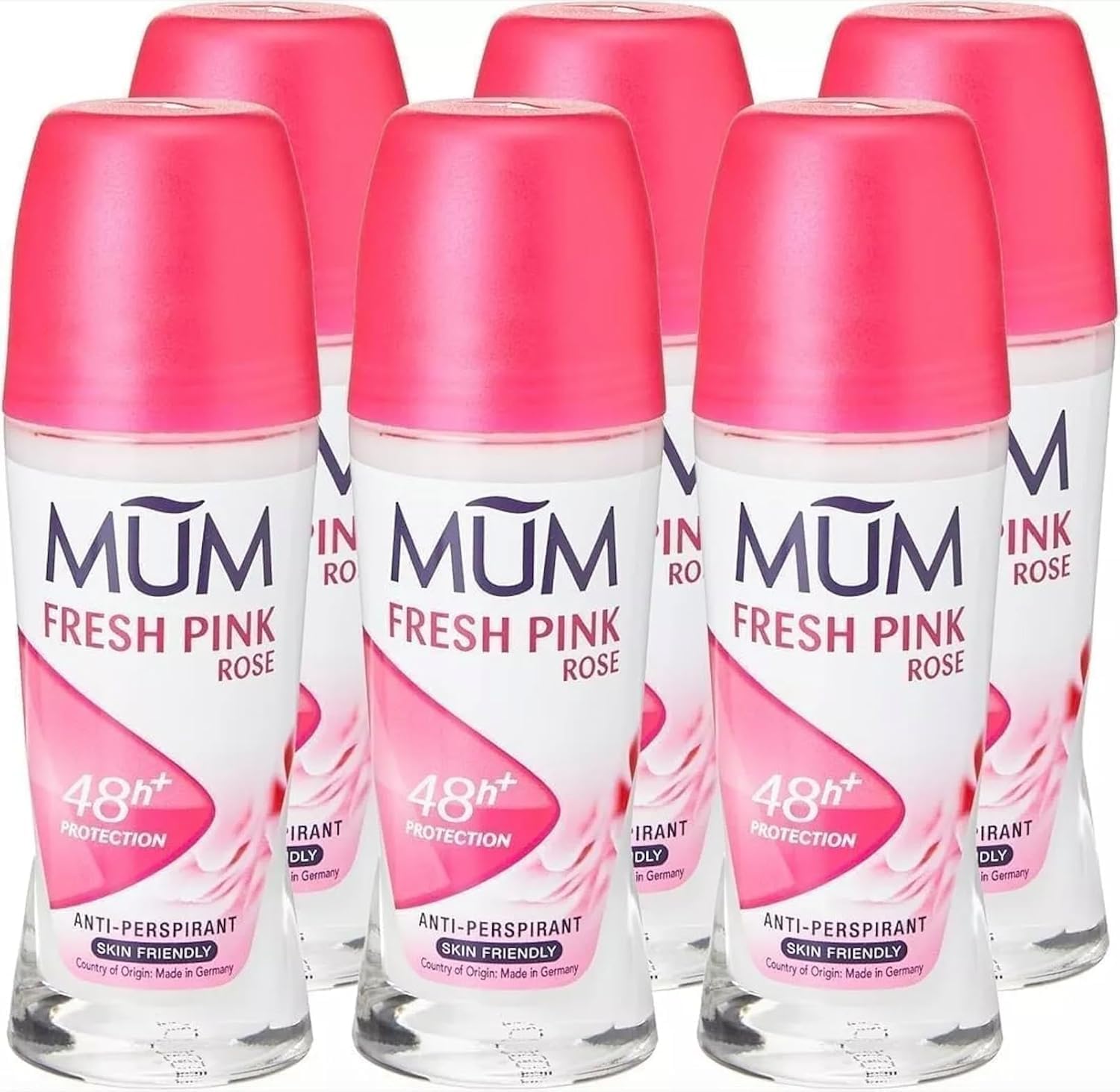 Mum Fresh Pink Rose Roll On Deodorant 48H Protection - Alcohol-Free Anti-Perspirant Vegan 50ml - Pack of 6 - Damaged Box
