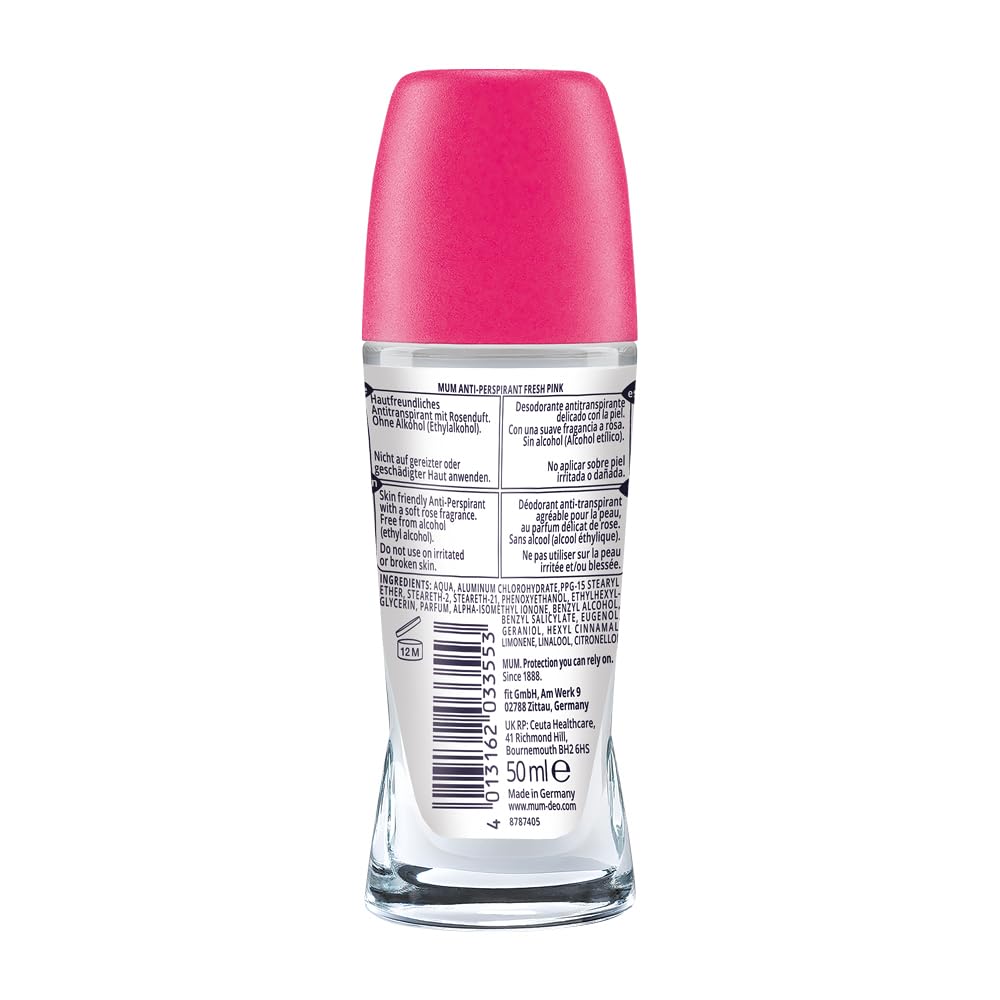 Mum Fresh Pink Rose Roll On Deodorant 48H Protection - Alcohol-Free Anti-Perspirant Vegan 50ml - Pack of 6 - Damaged Box