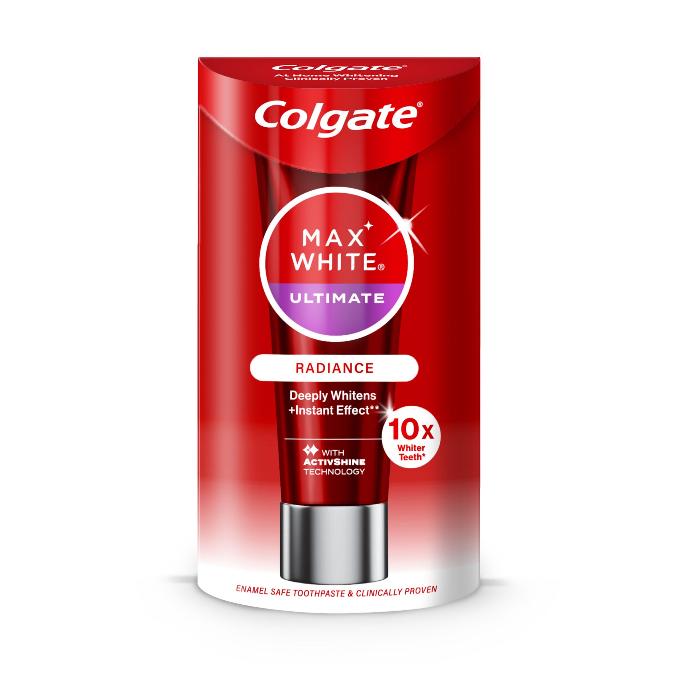 Colgate Max White Ultimate Radiance Whitening Toothpaste 75ml - 10X Whiter Teeth - Instant Whitening - Enamel Safe - Damaged Box - BBE 01/2028