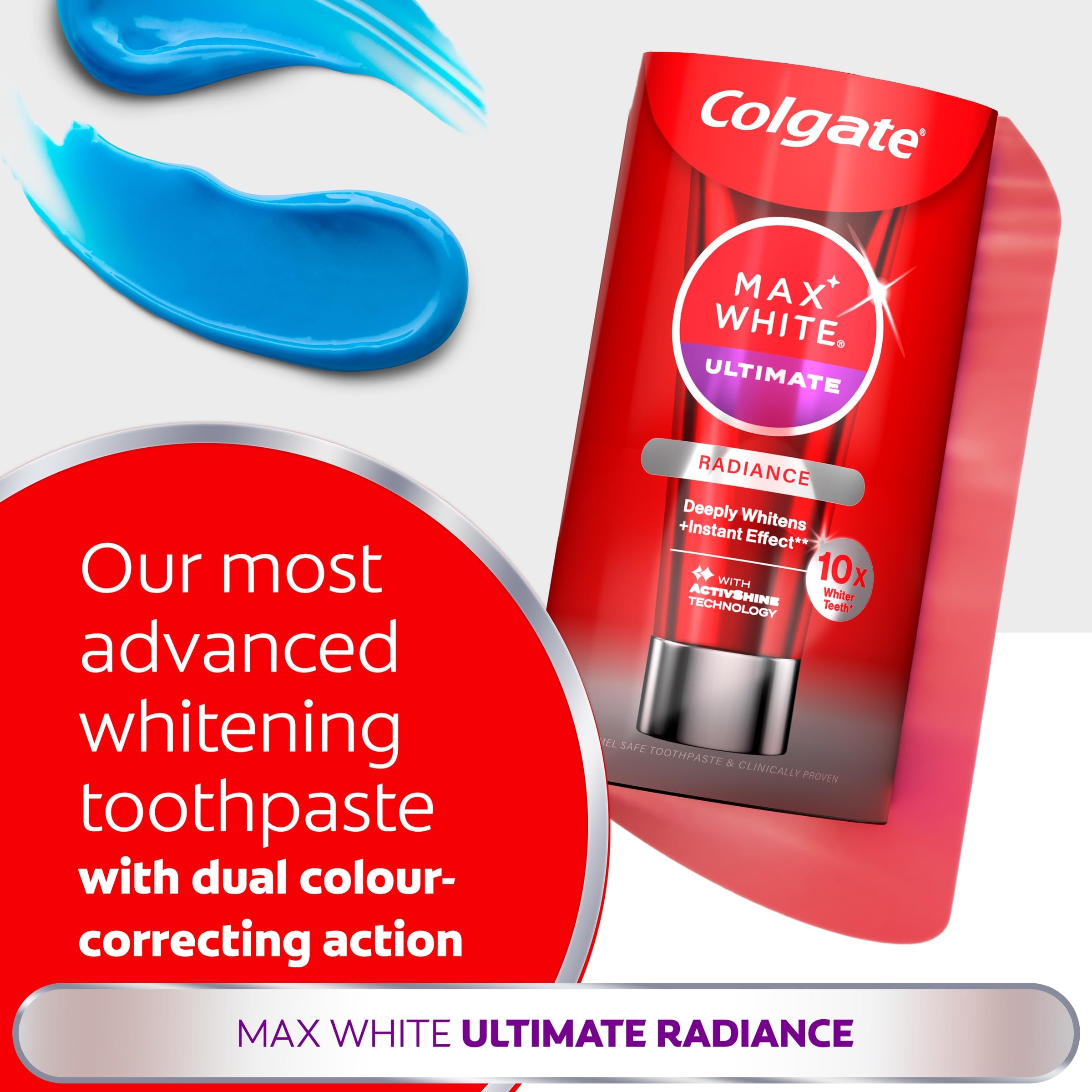 Colgate Max White Ultimate Radiance Whitening Toothpaste 75ml - 10X Whiter Teeth - Instant Whitening - Enamel Safe - Damaged Box - BBE 01/2028