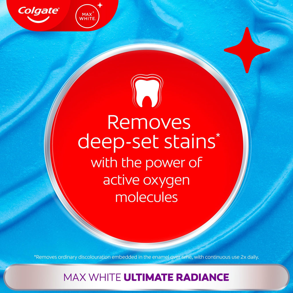 Colgate Max White Ultimate Radiance Whitening Toothpaste 75ml - 10X Whiter Teeth - Instant Whitening - Enamel Safe - Damaged Box - BBE 01/2028
