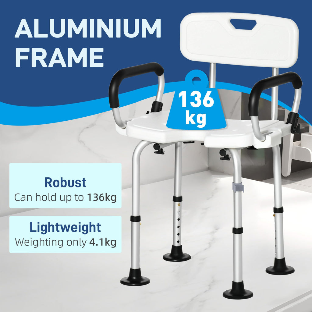 HOMCOM Height Adjustable Shower Chair, Non Slip Bath Transfer Bench for Elderly, Disabled with Armrest and Backrest, 300 lbs Capacity, White - Like New