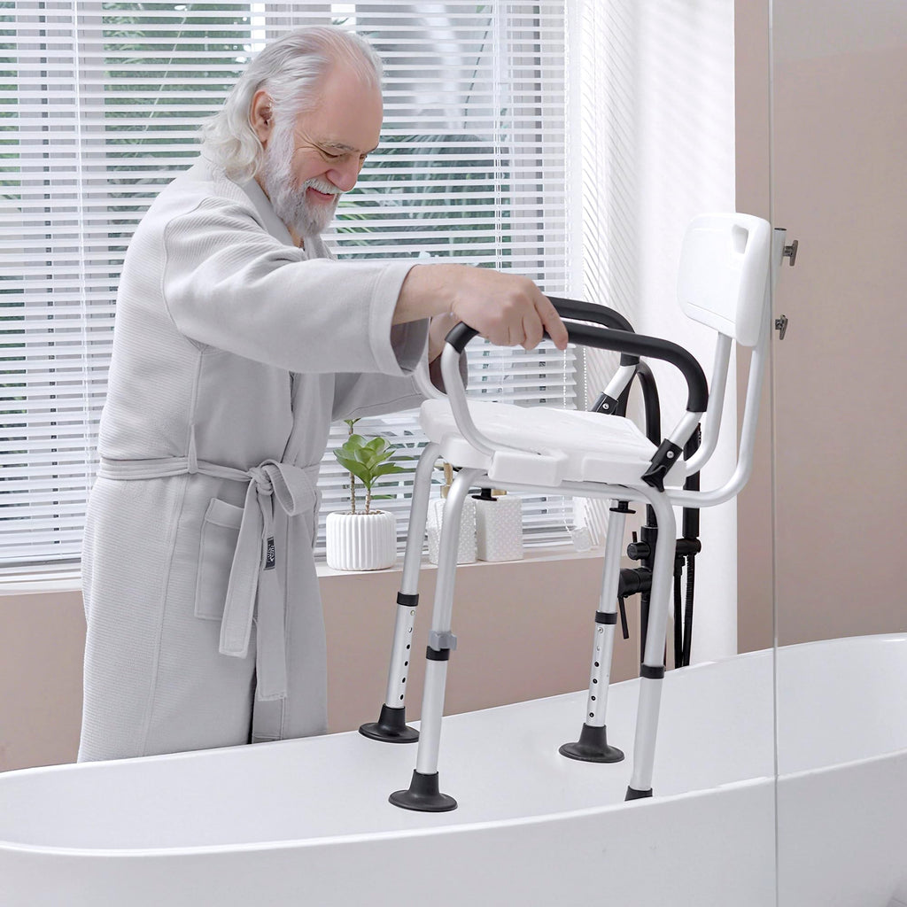 HOMCOM Height Adjustable Shower Chair, Non Slip Bath Transfer Bench for Elderly, Disabled with Armrest and Backrest, 300 lbs Capacity, White - Like New