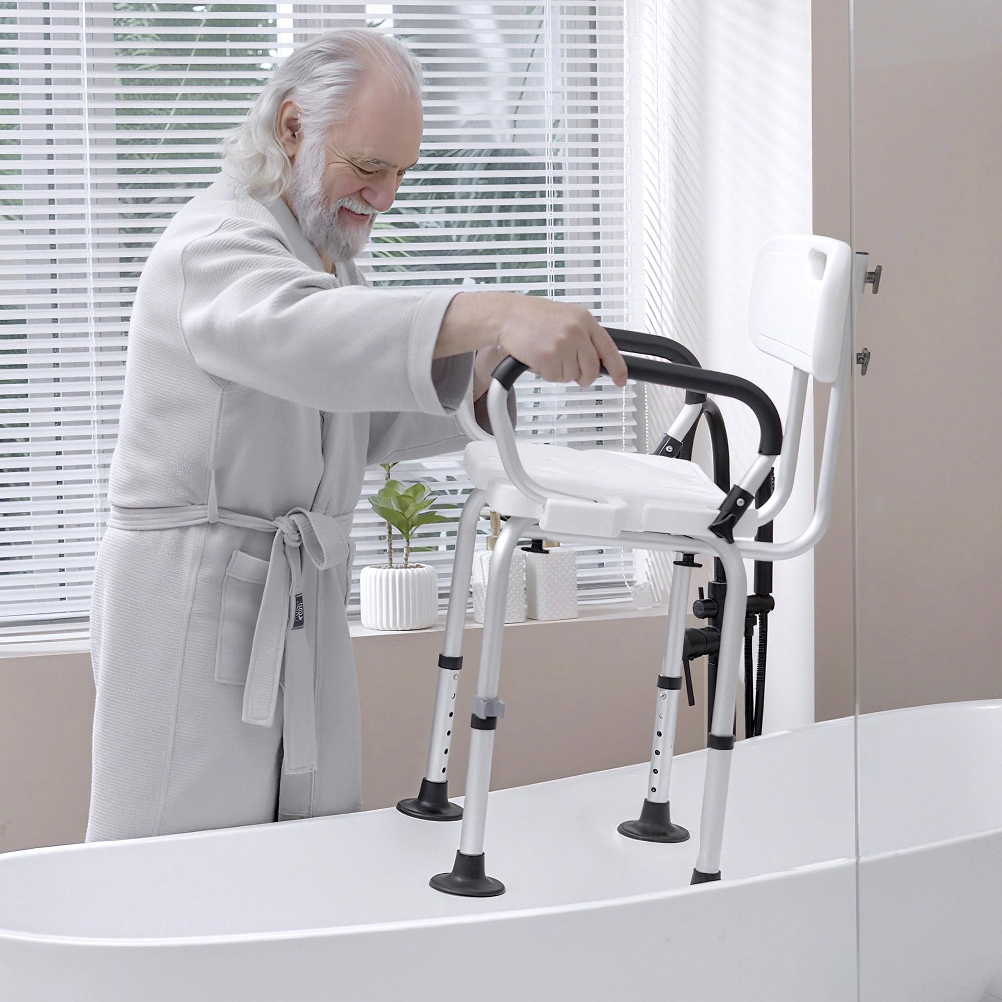 HOMCOM Height Adjustable Shower Chair, Non Slip Bath Transfer Bench for Elderly, Disabled with Armrest and Backrest, 300 lbs Capacity, White - Like New