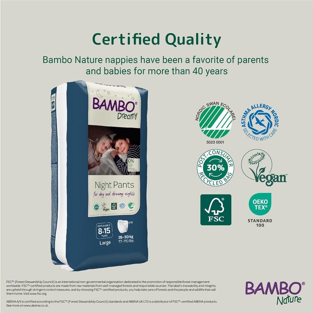 Bambo Nature Dreamy Night Pants Nappies, 60 Pack, Size 8-15 Years (35-50kg) - Eco-Friendly Pull Up Training Nappy - New