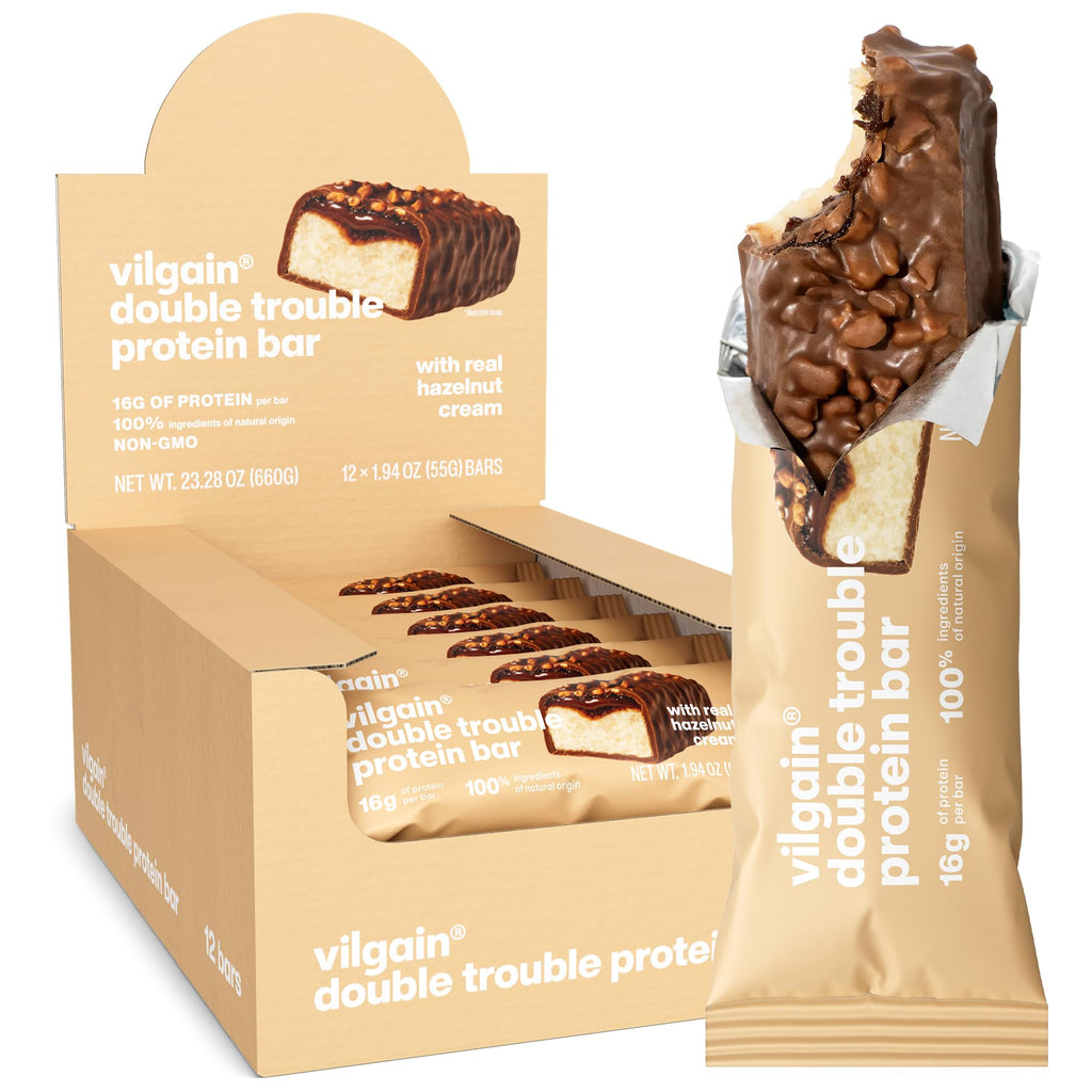 Vilgain Double Trouble Protein Bar (12x55g) Hazelnut Cream - Two-layer nut bar with 16g of protein & stevia sweetness, Bar ideal for muscle building & snacking - Damaged Box - BBE 09/2026