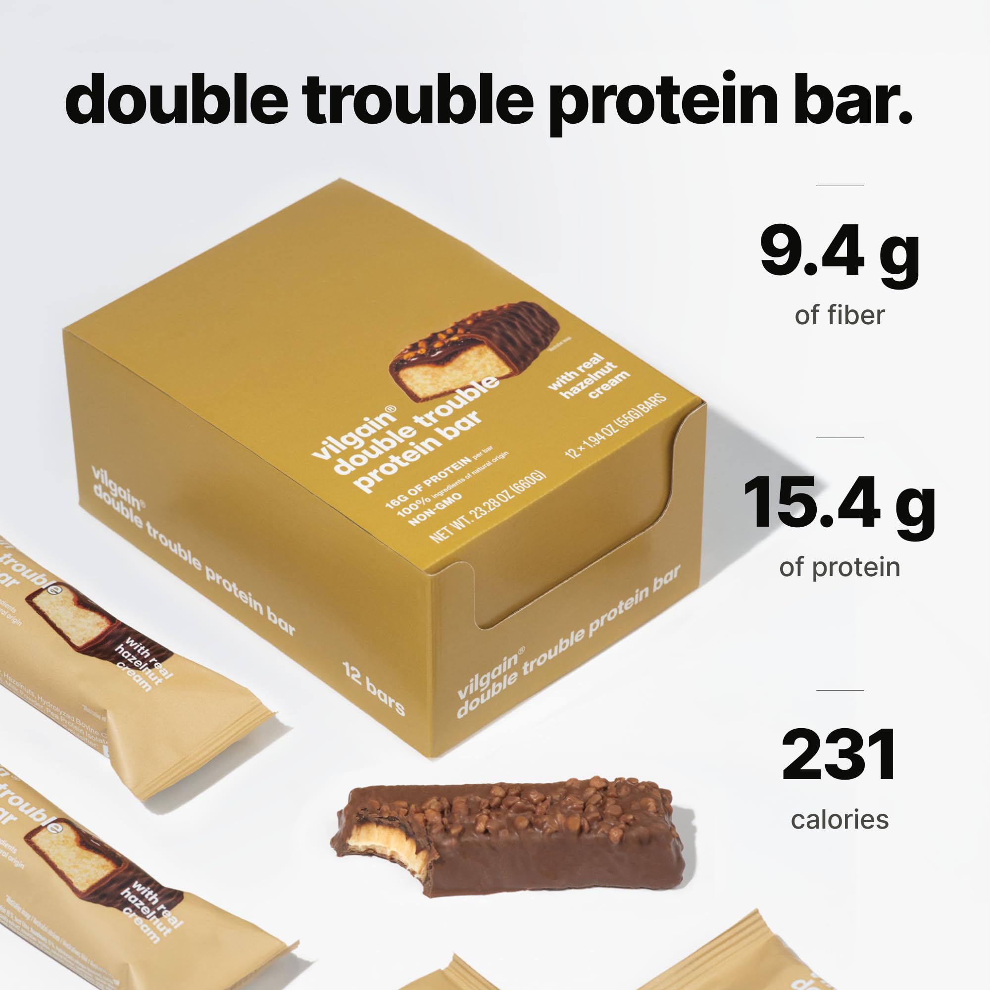 Vilgain Double Trouble Protein Bar (12x55g) Hazelnut Cream - Two-layer nut bar with 16g of protein & stevia sweetness, Bar ideal for muscle building & snacking - Damaged Box - BBE 09/2026