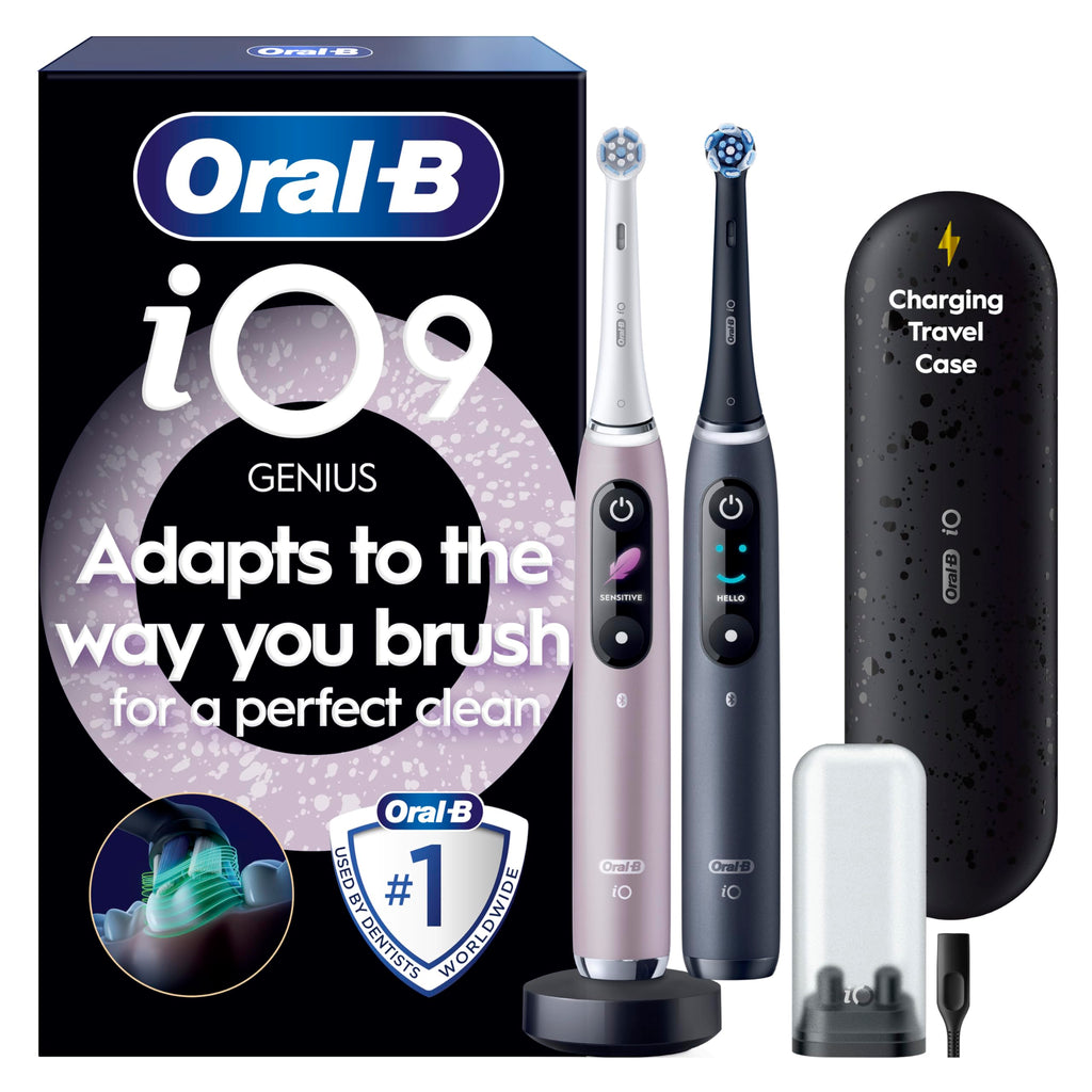 Oral-B iO9 2x Electric Toothbrushes For Adults, Oral B Electric Toothbrushes, Gifts For Women / Men, 2 Toothbrush Heads and Charging Travel Case, 7 Modes with Teeth Whitening, 2 Pin Plug, Black - Very Good
