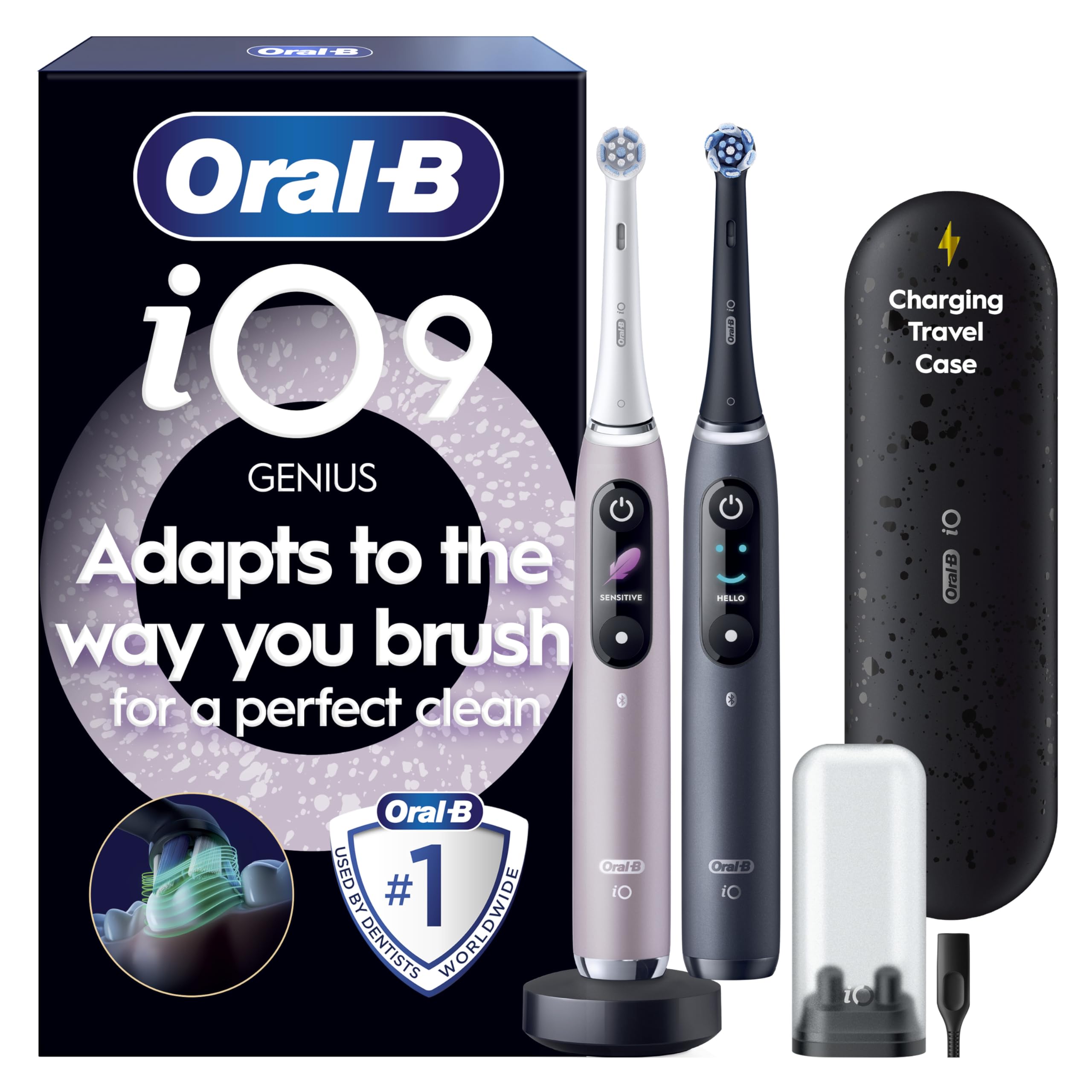 Oral-B iO9 2x Electric Toothbrushes For Adults, Oral B Electric Toothbrushes, Gifts For Women / Men, 2 Toothbrush Heads and Charging Travel Case, 7 Modes with Teeth Whitening, 2 Pin Plug, Black - Very Good