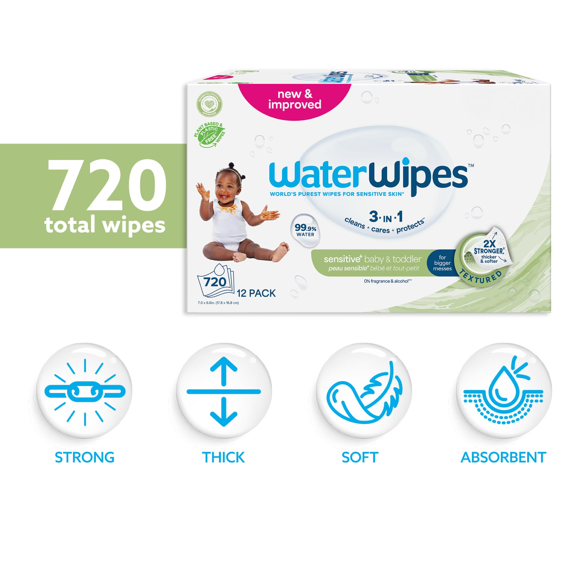 WaterWipes Sensitive+ Baby & Toddler Wipes, 99.9% Water, Unscented, 12 Pack - New - BBE 12/2027