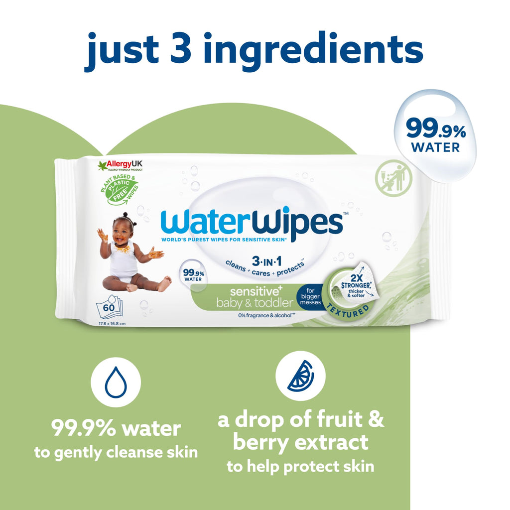 WaterWipes Sensitive+ Baby & Toddler Wipes, 99.9% Water, Unscented, 12 Pack - New - BBE 12/2027