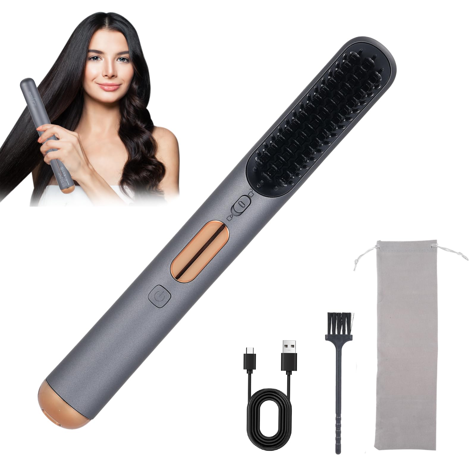 Cordless Hair Straightener Brush - Negative Ion Frizz Reducing Portable Hot Comb - 3 Temp - Type-C - 20min Auto Shut-Off - Like New