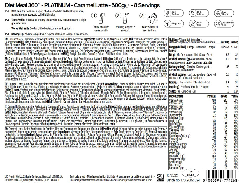 Protein Works Diet Meal 360 Platinum Protein Powder - Caramel Latte 500g Weight Loss Shake - New - BBE 03/2027