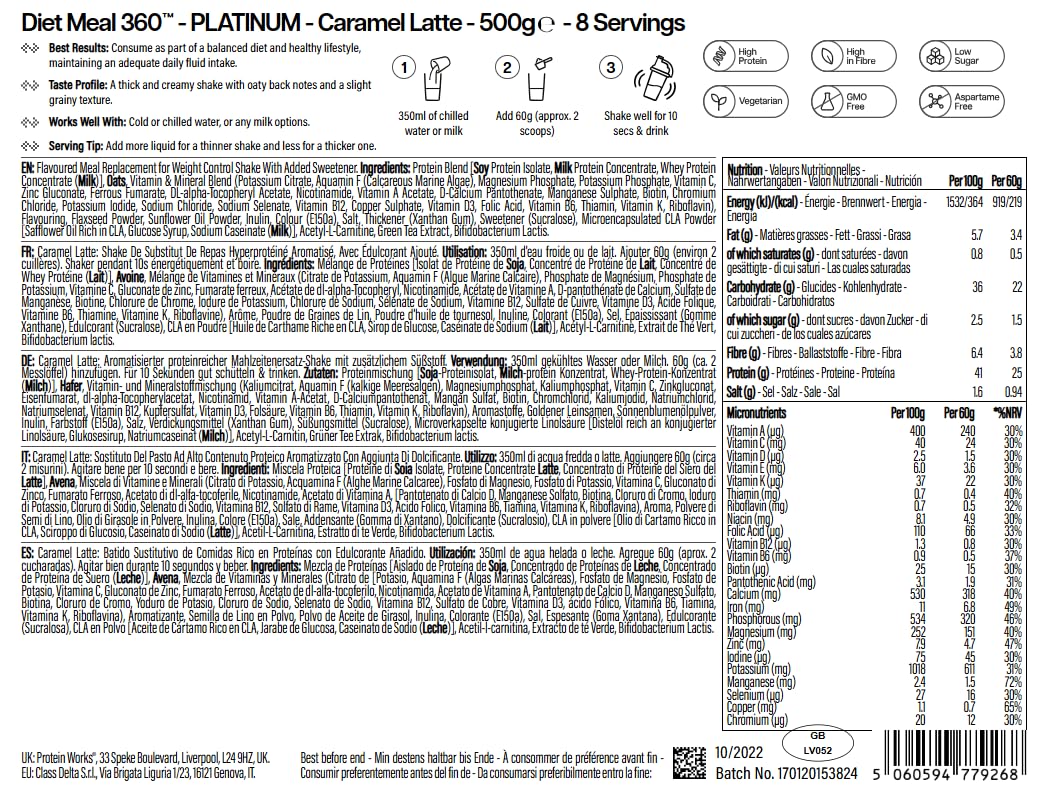 Protein Works Diet Meal 360 Platinum Protein Powder - Caramel Latte 500g Weight Loss Shake - New - BBE 03/2027