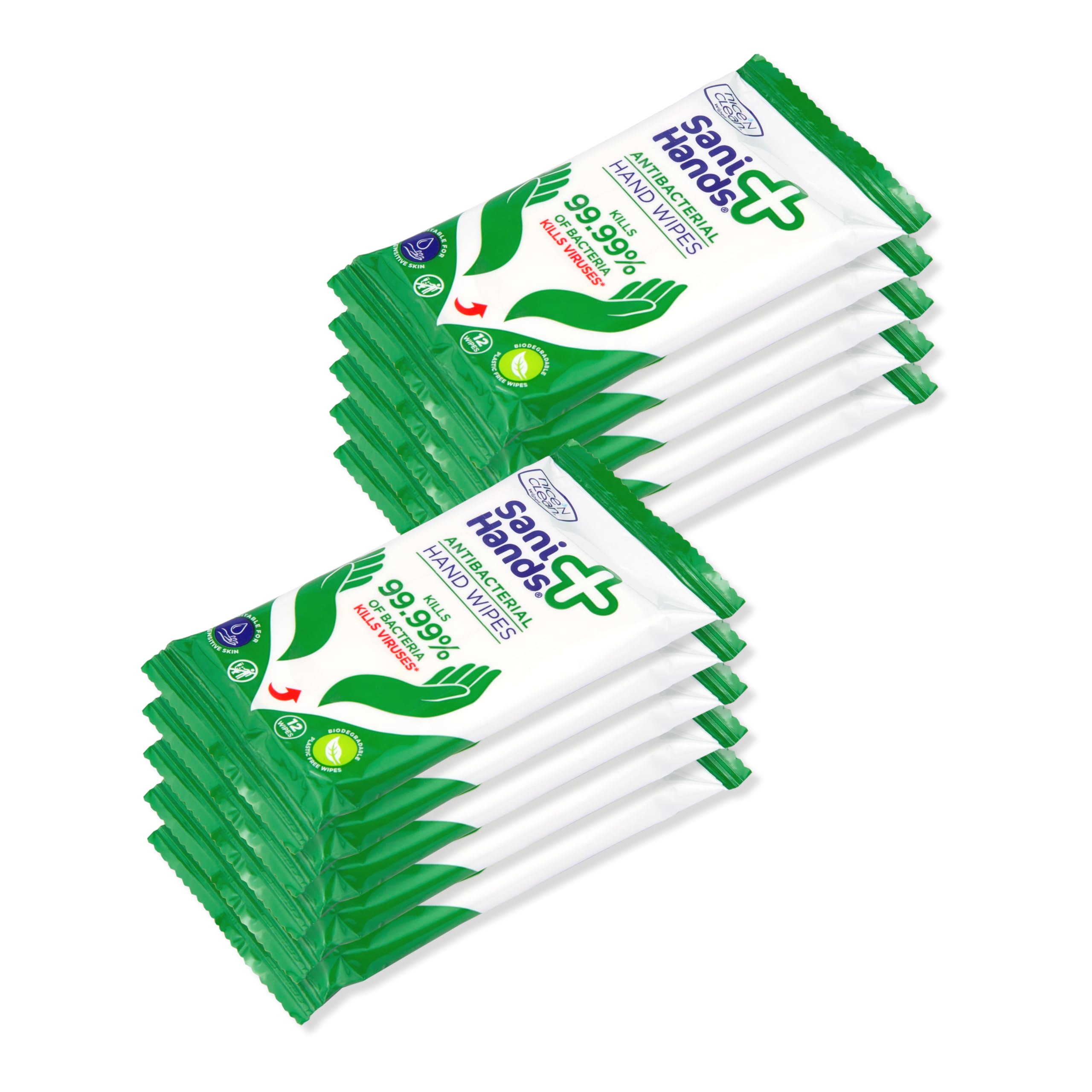 Sani Hands Anti-bacterial Hand Wipes - 120 Wipes (10x12) - Biodegradable, Dermatologically Tested Wet Wipes - Damaged Box