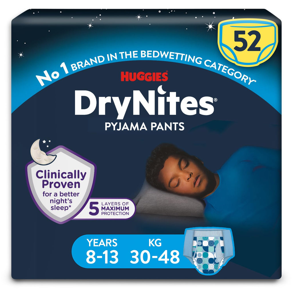HUGGIES DryNites, Pyjama Pants, Boys 8-13 Years (30-48KG), 52 x Bedwetting Pants, Up to 100% Leak Free Nights - New