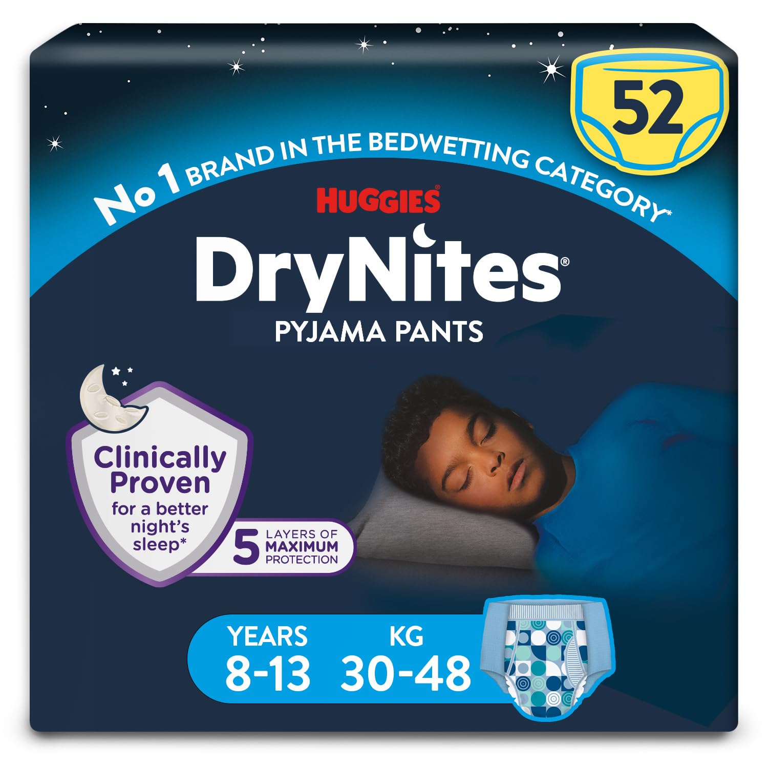 HUGGIES DryNites, Pyjama Pants, Boys 8-13 Years (30-48KG), 52 x Bedwetting Pants, Up to 100% Leak Free Nights - New