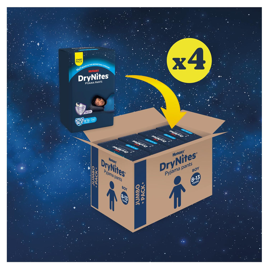 HUGGIES DryNites, Pyjama Pants, Boys 8-13 Years (30-48KG), 52 x Bedwetting Pants, Up to 100% Leak Free Nights - New
