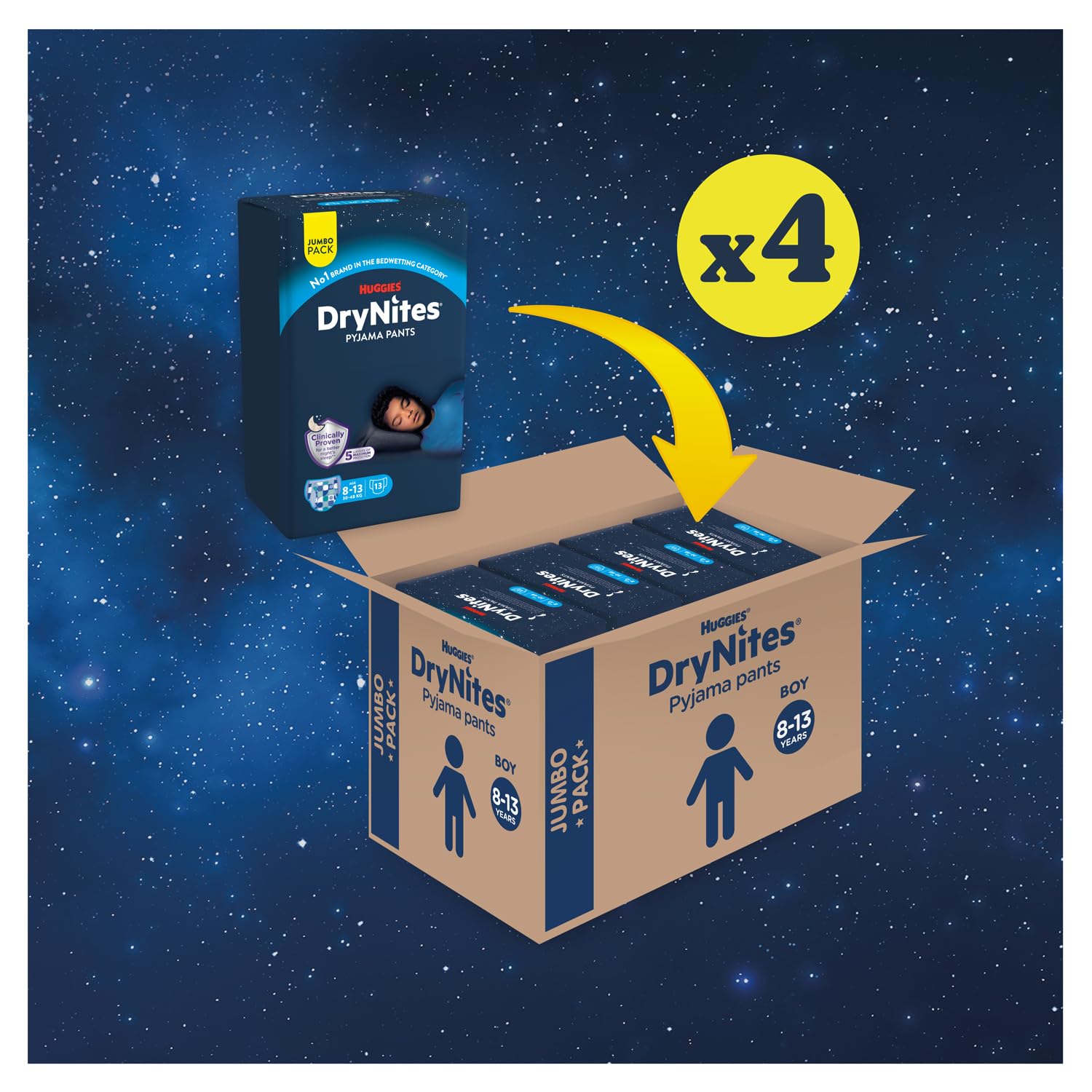 HUGGIES DryNites, Pyjama Pants, Boys 8-13 Years (30-48KG), 52 x Bedwetting Pants, Up to 100% Leak Free Nights - New