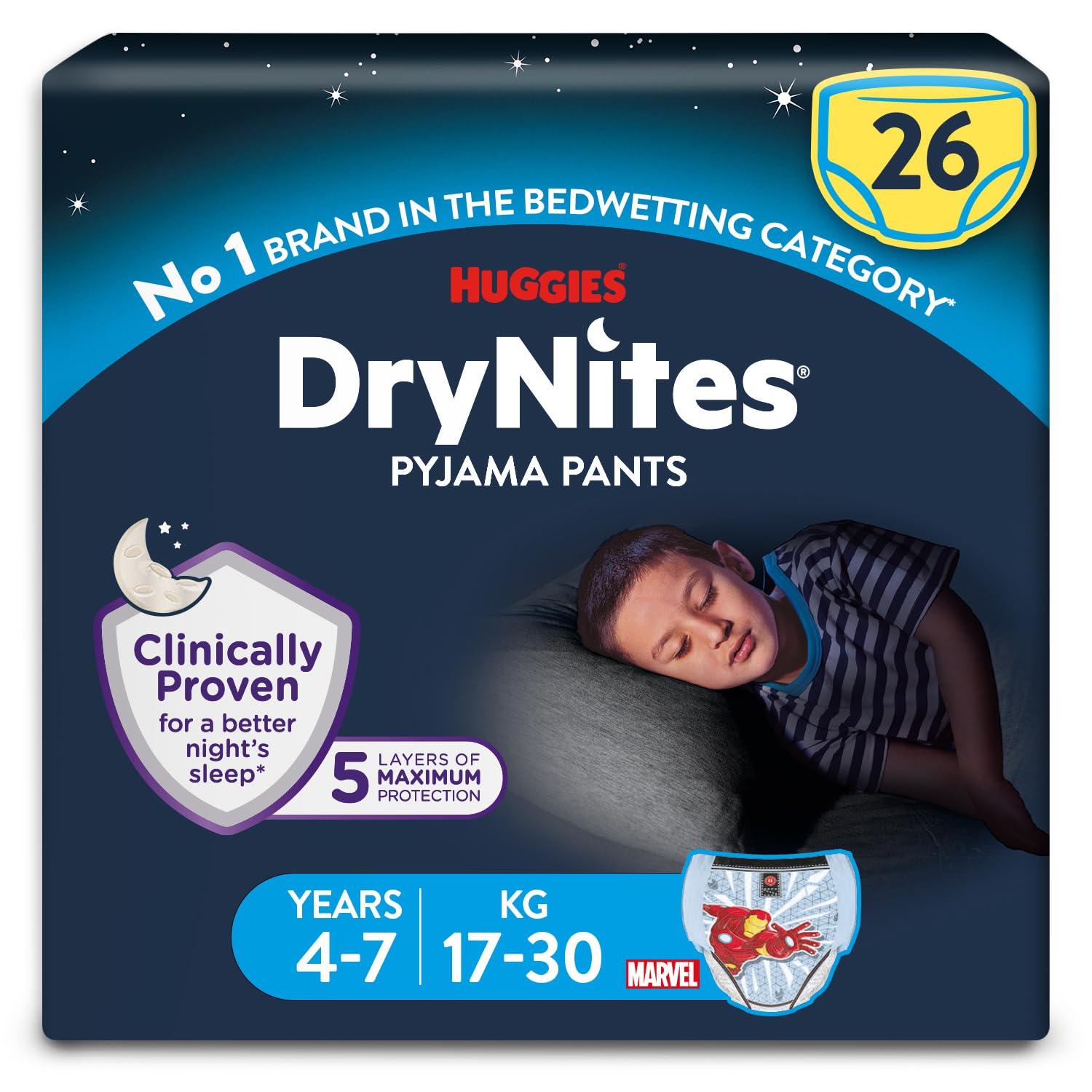 HUGGIES DryNites, Pyjama Pants, Boys 8-13 Years (30-48KG), 52 x Bedwetting Pants, Up to 100% Leak Free Nights - New